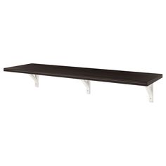 a black table with two white legs and a wooden shelf on the top that has one end missing