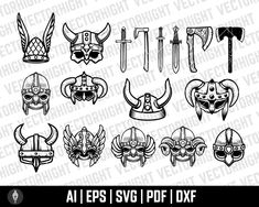 an assortment of medieval helmets and swords in black and white, with the text all ieps svg png dxf