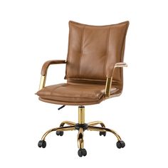 a brown leather office chair with gold metal base and armrests, on an isolated white background