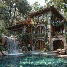 a house with a waterfall in front of it and some chairs around the pool area