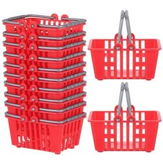 red plastic storage baskets with handles and rivets on each side, set of 12