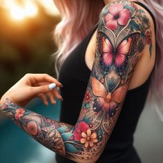 Bright Colorful Tattoos, Lace Sleeve Tattoos, Colorful Sleeve Tattoos, Soul Energy, Flying Tattoo, Feminine Tattoo Sleeves, Biker Tattoos, Boho Tattoos