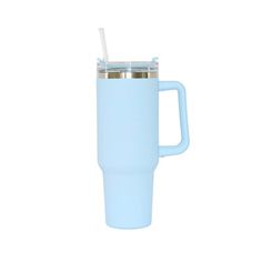 a light blue travel mug with a straw in the cup and lid is shown against a white background