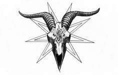 a goat's head with long horns is shown in the middle of a pen and ink drawing