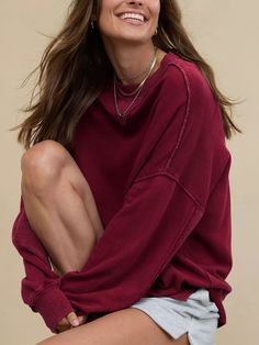 Introducing our cozy and stylish Hamptons Cotton Blend Pullover Sweater in a gorgeous burgundy hue. Made from a luxurious cotton blend, this sweater is perfect for cool weather and features a classic pullover design. Stay warm and fashionable with this must-have addition to your wardrobe. Size Guide: Model is 5’85” tall, and has a 32.6” bust, 26.4” waist, & 34.6” hips. She is wearing a S / US 4 / AU 8. This pullover is true to size. Material: 65% Polyester 35% Cotton. Feature: Crew neckline. Long Sleeves. Outer sew details. Ribbed Edges. Relaxed Fit. Not Lined. Care Instructions: Machine wash / Cold hand wash Soft-washed Winter Top, Everyday Solid Color Sweater For Fall, Casual Sweatshirt For Fall Layering, Cozy Relaxed Fit Solid Color Sweater, Relaxed Fit Solid Color Fall Sweater, Casual Fall Sweatshirt For Layering, Fall Season Solid Color Relaxed Fit Sweater, Comfy Cotton Sweater For Fall, Comfortable Cotton Sweater For Fall