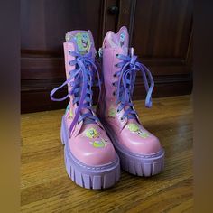 Excellent Used Condition, Only Worn A Few Times Purple Round Toe Boots For Streetwear, Purple Round Toe Boots For Spring, Trendy Purple Boots With Round Toe, Trendy Purple Round Toe Boots, Trendy Purple Platform Boots, Purple Lace-up Boots For Spring, Purple Platform Boots With Round Toe, Doll Kills Boots, Purple High-top Platform Boots