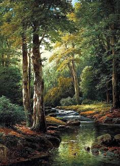 a painting of a stream in the woods