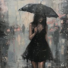 a painting of a woman in a black dress holding an umbrella while walking down the street