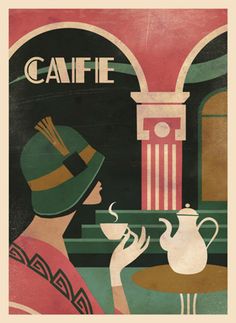 a woman sitting at a table with a cup of coffee in her hand and the words caffe on it