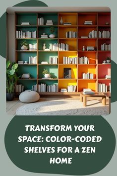 a living room with bookshelves and plants in the corner, text reads transform your space color - coded shelves for a zero home