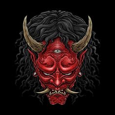 a red demon mask with long black hair and horns on it's head, in front of a black background