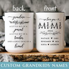 two personalized coffee mugs with names on them