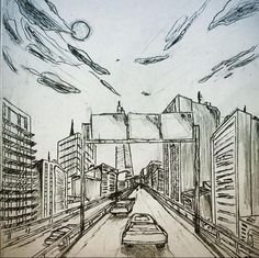 Ville en perspective, noir et blanc, vue plongeante 1 Point Perspective Drawing, 3 Point Perspective, 1 Point Perspective, Architecture Design Sketch, Point Perspective, Cat Air, Perspective Drawing, Art Inspiration Painting