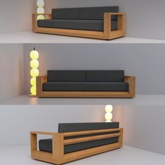 three different views of a couch with lights on the back and side, in front of each other