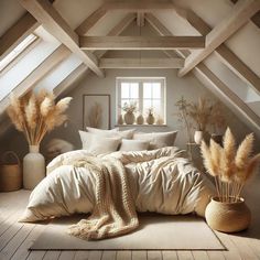 an attic bedroom with wooden floors and white walls, beige bedding and pillows on the floor