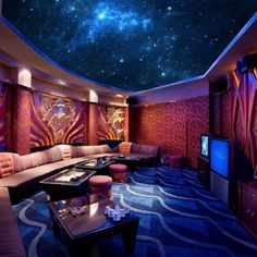 a living room filled with lots of furniture under a sky filled with stars