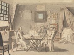 a drawing of three people sitting at a table in a room with curtains and windows