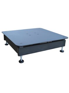 a black metal table with wheels on it