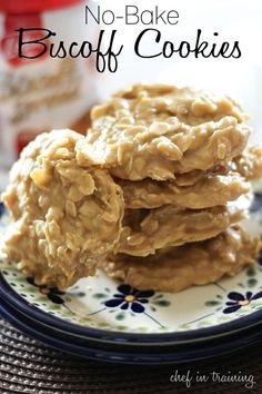 no bake biscoff cookies stacked on top of each other in a plate