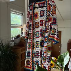 Excellent Condition! Incredible Unique Long Sweater, Perfect For A Festival. Tags: Farm Rio Sweaters Vintage, Long Duster, Long Sweater, Farm Rio, Vintage Sweaters, Long Sweaters, Granny Square, Vintage Ladies, Sweaters For Women