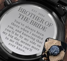 "A thoughtful & heartfelt gift for the Brother of the Bride - Wedding Party Gifts ⭐⭐ Make sure to check out my \"Walk Me Down the Aisle\" section for more Wedding Day messages to Brother, Dad, Bonus Dad, Son & More! ⭐ ⭐ https://www.etsy.com/shop/StuffGinaSays?ref=seller-platform-mcnav&section_id=35242664 A thoughtful gift that can withstand constant use, this Engraved Design Black Chronograph Watch is the perfect gift to commemorate your special day. It's a versatile piece sure to warm hearts an Wedding Day Messages, Brother Of The Bride, Bride 2023, Bride 2024, Engraved Watch, Wedding List, Mens Wrist Watches, Engraved Design, Cute Wedding Ideas