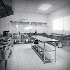 a large kitchen with stainless steel appliances and white tile flooring is pictured in this black and white photo