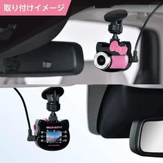 a car mirror with a camera attached to it's side view mirror, and an image of the rear view mirror