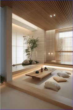 In this modern bedroom, large picture windows have been used to create a corner window, while the window ledge acts as a bench for relaxing. Small Meditation Room Design, Ambient Home Lighting, Meditating Room Ideas, Zen Lounge Room, Zen Home Interior, Meditation Living Room, Zone Living Room, Zen Style Living Room, Zen Home Ideas