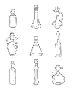 bottles and flasks are shown in this black and white drawing set, all lined up on one side