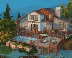 an artist's rendering of a large house in the middle of a lake with a dock