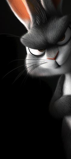 an animated cat with big ears and orange eyes looking at something in the dark background