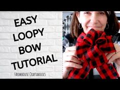 a woman holding up a red and black bow with the words easy loopy bow