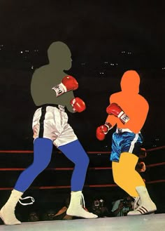 two boxers in the ring during a boxing match, one with red gloves and blue pants