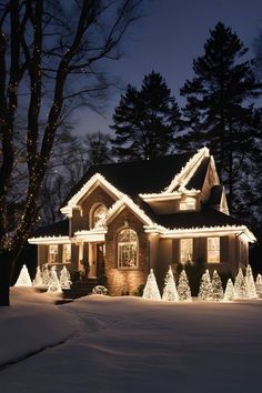 a house is lit up with christmas lights in the front yard and trees around it