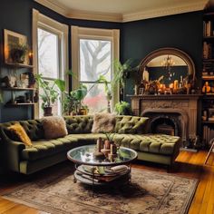 a living room filled with furniture and a fire place next to a large window on top of a hard wood floor