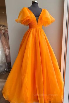 Short Sleeves Orange Long Prom Dresses Orange Formal Dresses, डिजाइनर कपड़े, Celebrity Style Dresses, Bohol, Ball Gowns Evening, فستان سهرة, Custom Size Dresses, Long Prom Dress, Orange Dress