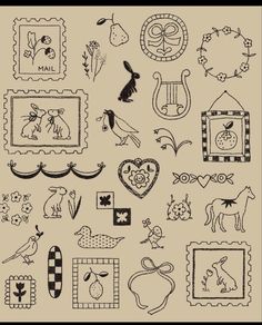 an assortment of hand drawn doodles with animals and other things in them on a beige background