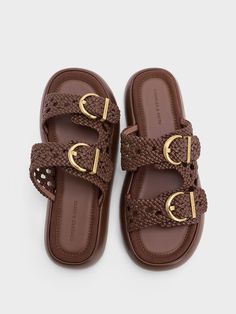 Comfort is given an elevated aesthetic with these sandals. Woven straps imbue the dark brown finish with a subtle tactility, while gold-toned buckles add polish. These details elevate the classic slip-on style, offering a breathable silhouette that can still be dressed up for more formal occasions. Set on flat padded soles, you will want to wear these all day, every day. Charles Keith, Buckle Sandals, Brown Sandals, Slide Sandals, Dark Brown, Heel Height, Shoe Bag, Slip On, Buckle