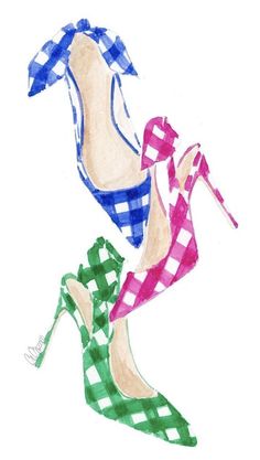 two women's high heels are painted in watercolor and ink on white paper