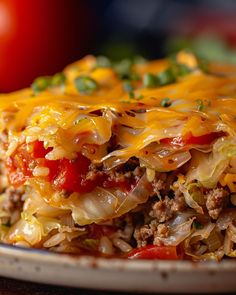 a close up of a plate of food with meat and vegetables on it, topped with cheese