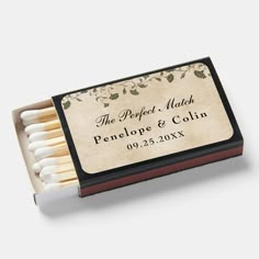 matchbox with matches in it that says the perfect match, penelope and colin