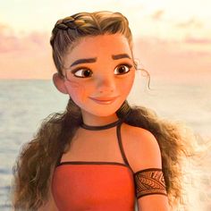 a cartoon girl with long hair standing in front of the ocean and looking at the camera