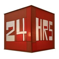 a red box with white letters on it and the number twenty five in front of it