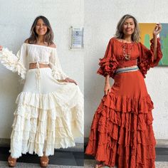 Bohemian ruffle maxi cream skirt with un finish hem on each layer. Elastic waist 100% raw cotton. Lined. Color Cream and White and brick. The top Can be worn both side to the front ( second photo) Measurements: Top of set 41 and set LL Sleeves long 20 in. Bottom sleeve width 18 in. Bust 30 up to 44 in around. Length 12 in. Measurements: SKIRT SET LL Waist stretch up to 44 inches. Hip up to 55 inches Length 35 and 40 inches. ( High low style) Measurements:  Skirt  cream SET SL41, Orange and green Boho Maxi Skirt Outfit, Rag Skirt, Wine Colored Dresses, Boho Mode, Ruffle Maxi Skirt, Lehenga Designs Simple, Products Photography, Long Skirt Outfits, Cream Skirt