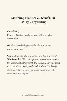 a white paper with black writing on it and the words mastering features vs benefits in luxury copywritering