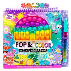 the pop and color activity stick book is in its package with markers, pens and pencils