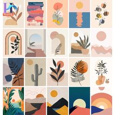 a collage of different images with plants and mountains in the background