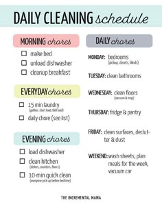 the daily cleaning schedule is shown in black and white with pink, blue, green, yellow