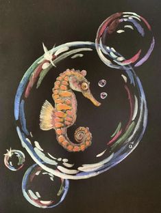 a drawing of a sea horse on a black background