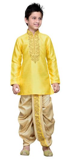 Yellow color Boys Dhoti Kurta in Art Silk fabric with Bugle Beads, Thread work : 201549 Ethnic Wear For Boys, Kids Indian Wear, Kids Wear Boys, Boys Kurta Design, Kids Dress Boys, Blouse Designs High Neck, Kids Ethnic Wear, Boy Dress, Kids Dress Collection